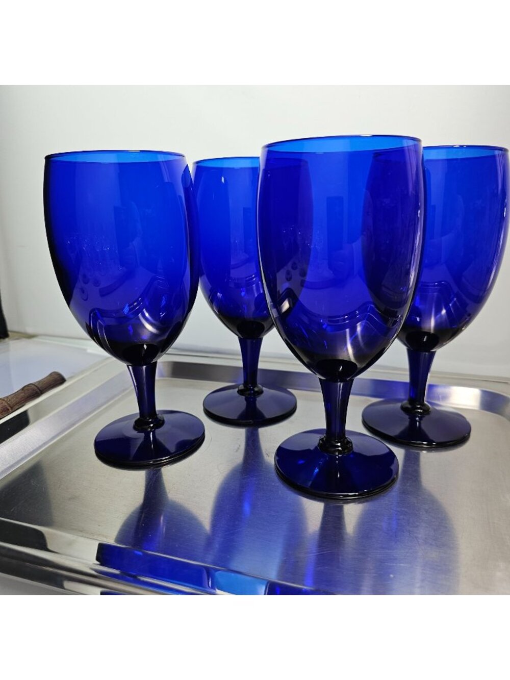 4 Pier 1 Cobalt Blue Ice Tea Glasses 7" water goblets 16oz vintage elegant